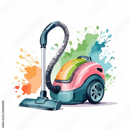 A vibrant, multi-colored canister vacuum cleaner illustrated in a modern watercolor style.