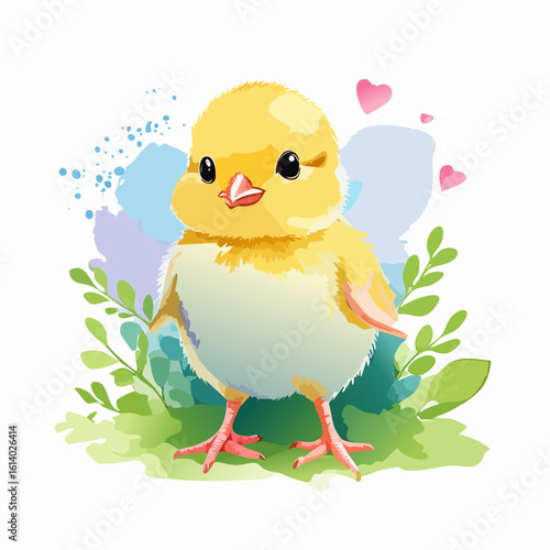 Adorable watercolor illustration of a fluffy yellow baby chick with big eyes and a cute expression.