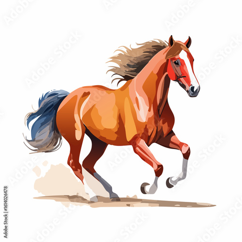 Galloping chestnut horse with a flowing mane, blue tail, and white blaze in a painterly style.