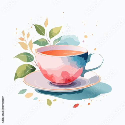 Artistic watercolor painting of a pink and blue teacup filled with hot tea, adorned with green leaves.