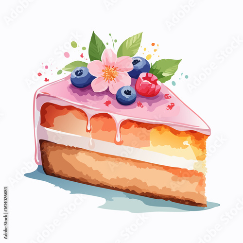 Watercolor slice of layered berry cake with dripping pink glaze and a delicate flower.