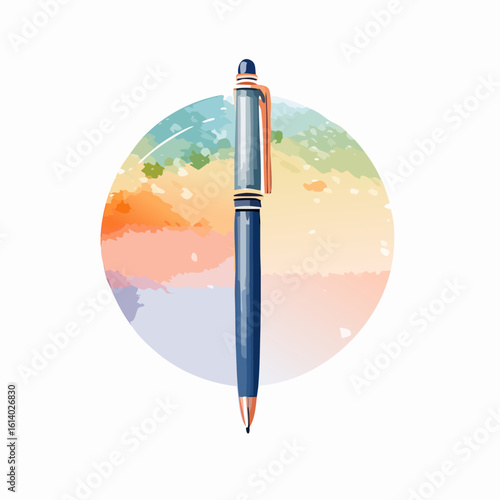 Elegant blue ballpoint pen with a silver clip and copper accents, in a stylized illustration style.