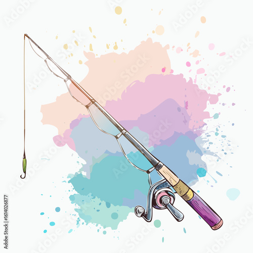 Hand-drawn fishing rod with a purple handle, spinning reel, and green lure