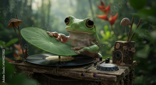 Green Amphibian Serenade: A Frog's Delightful Performance in the Forest Sanctuary Setting