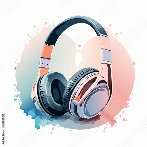 Vibrant watercolor illustration of modern peach and dark grey over-ear headphones with cushioned earcups.