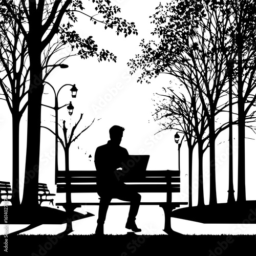 Silhouette of a man sitting in a bench 