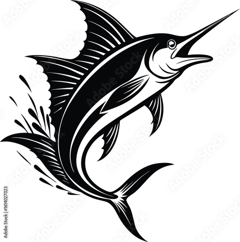 Vector art of a striking black and white vector illustration of a marlin leaping from the water with dynamic splashes