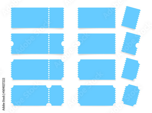 Set of blue ticket mockups with ruffle edges and shadows. Ticket with the control part torn off. Ticket stub