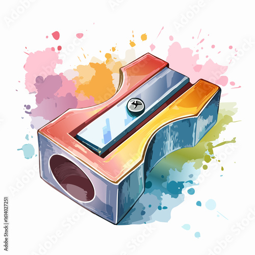 A vibrant, artistic illustration of a classic metal pencil sharpener with a textured, multi-colored body.