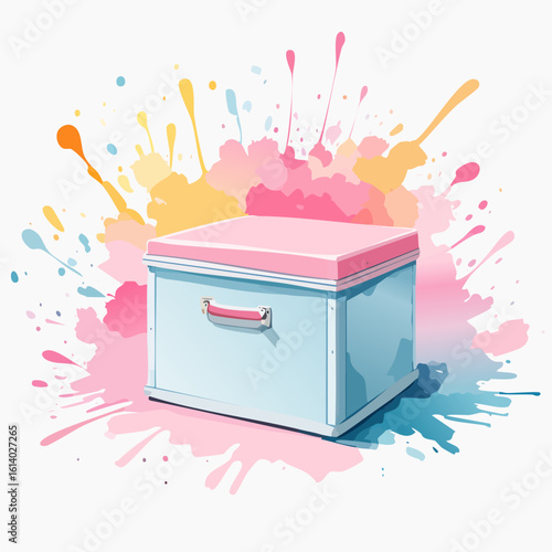 Charming pastel storage box with a pink lid and handle, illustrated style