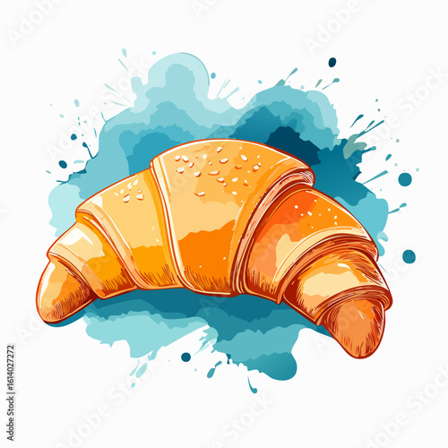 Vibrant watercolor illustration of a flaky golden croissant with sesame seeds.