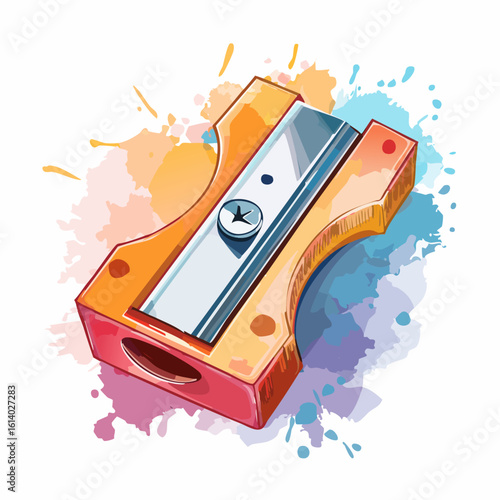 Vibrant watercolor illustration of a classic orange and red manual pencil sharpener with a metal blade.