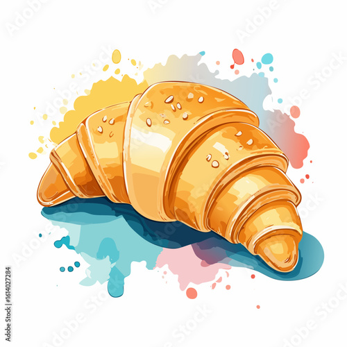 Artistic watercolor illustration of a golden croissant with colorful splashes and sesame seeds.