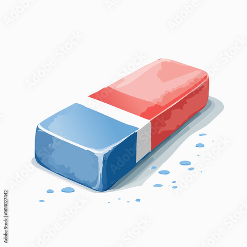 Classic red and blue dual-color rubber eraser in a stylized, glossy illustration with a white band.
