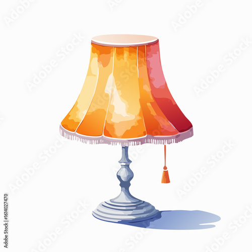 An elegant vintage table lamp with a warm, fringed orange fabric shade and an ornate silver base.