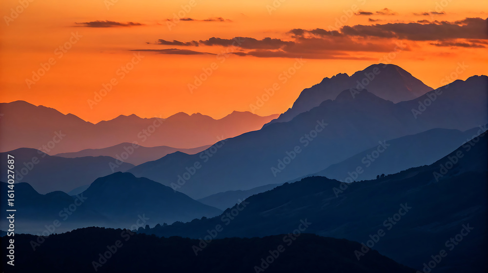 Fototapeta premium Silhouetted mountains fade into the distance at sunset with orange sky