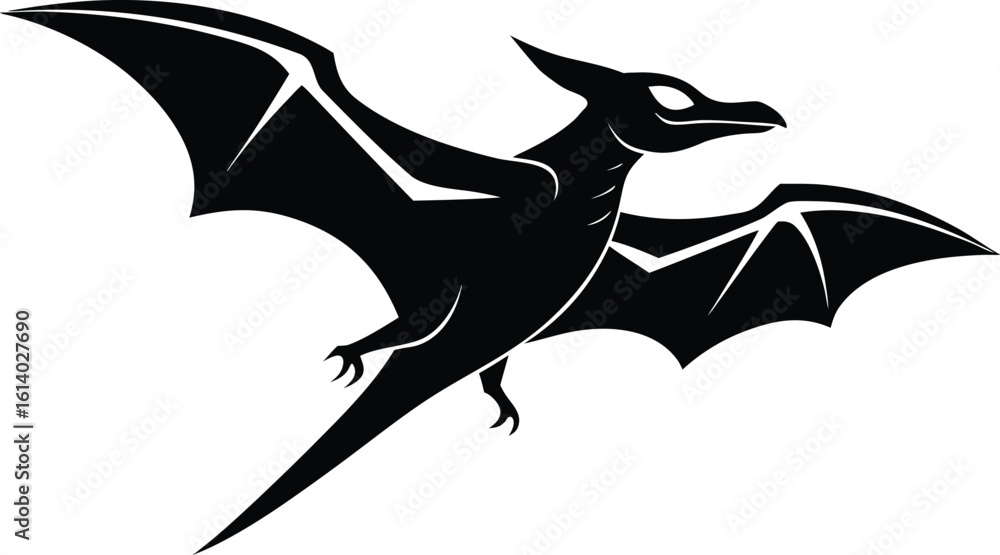 Fototapeta premium Pterodactyl silhouette drawing, flying dinosaur line art, prehistoric creature vector, minimal fossil icon, ancient reptile illustration