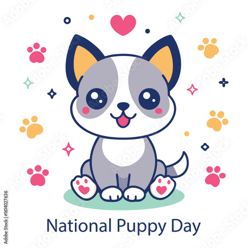 Adorable kawaii style puppy celebrating national puppy day surrounded by paw prints hearts and sparkles on a white background