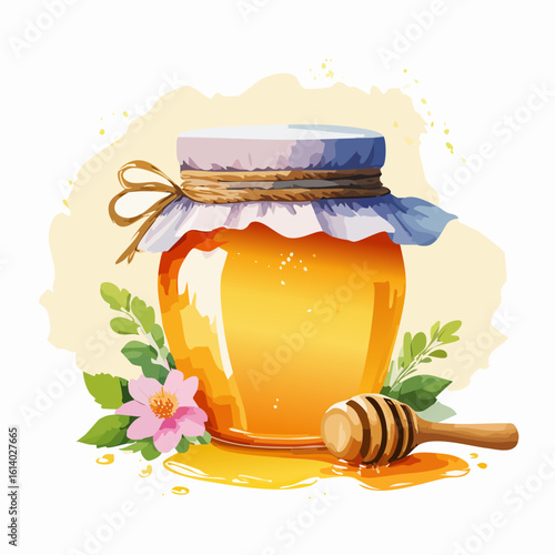 Rustic glass jar of golden honey with a fabric cover, twine bow, wooden dipper, and a fresh pink flower.