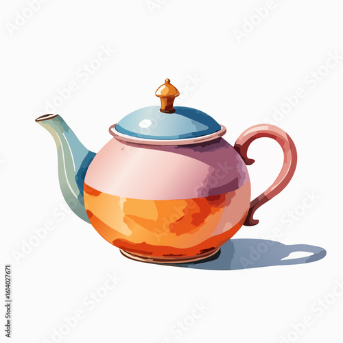 Vibrant watercolor teapot illustration with a pink body, blue lid, and golden knob.