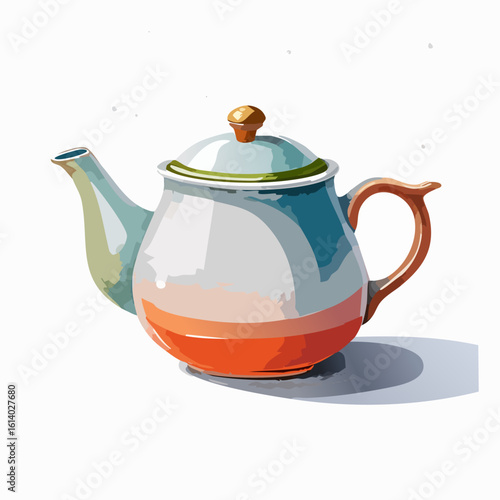 Colorful ceramic teapot illustration with a round body, orange base, and green-rimmed lid.