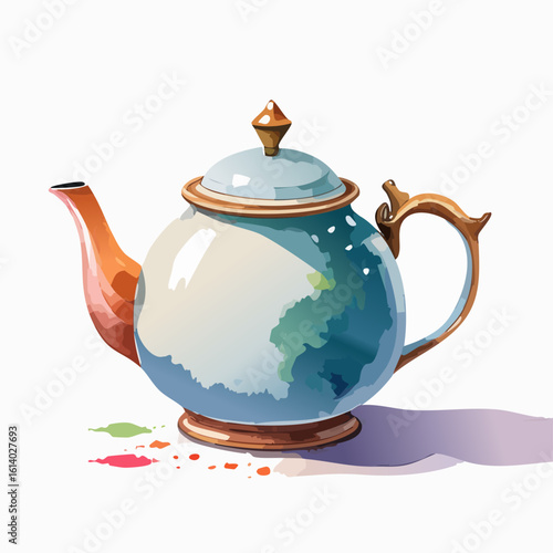 Stylized watercolor teapot with a blue and green Earth globe design and golden accents.