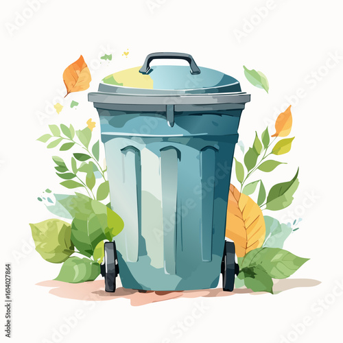 Blue wheeled trash can with a lid, illustrated in a watercolor style with fresh green and yellow leaves.