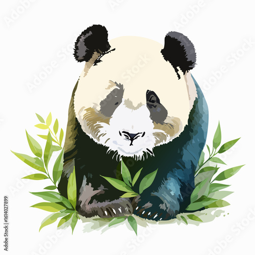 Stylized watercolor illustration of a giant panda bear sitting amidst fresh green bamboo leaves.