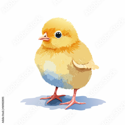Charming watercolor illustration of a fluffy yellow baby chick standing with big innocent eyes.