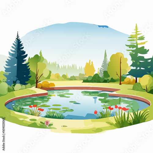 Serene garden landscape illustration with a tranquil pond, lily pads, and colorful trees.
