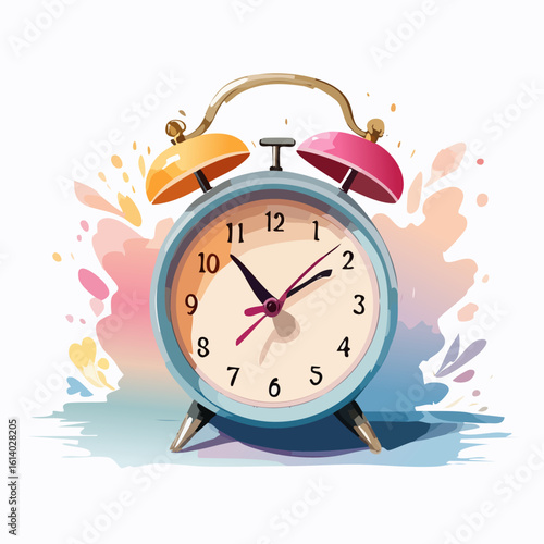 Vibrant watercolor illustration of a classic twin-bell alarm clock with colorful bells.