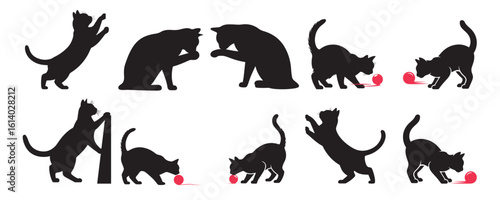 Playful Black Cat Silhouettes with Yarn Ball and Scratching Post for Pet Lovers and Craft Projects