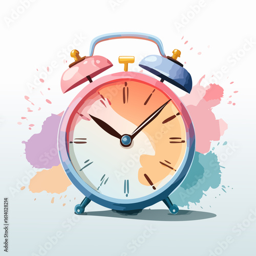 Retro twin-bell alarm clock with pink and blue bells, rendered in a vibrant watercolor style.