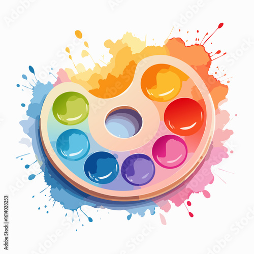 Creative artist's palette with vibrant rainbow paints and expressive watercolor splashes.