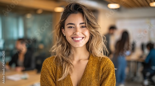 Wallpaper Mural Young smiling latin girl college student or teacher looking at camera standing in university campus. Happy hispanic millennial woman professional posing in modern coworking creative office space., no Torontodigital.ca