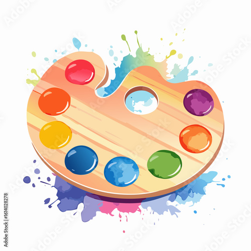 Artistic wooden painter's palette with vibrant, glossy paint dabs and colorful watercolor splashes.