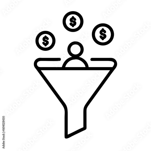 Person in conversion funnel receiving money symbols above  
