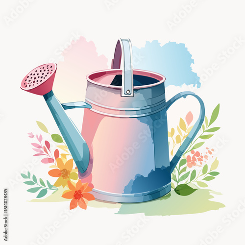 Pastel watercolor watering can with a red spout, surrounded by delicate spring flowers.