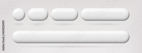 Neumorphic buttons template. Blank 3d circle, oval, rounded rectangle, and long pill shapes. UI UX design elements for web and app.