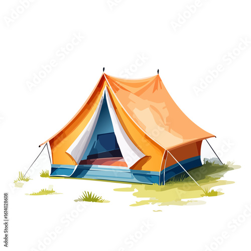 Bright orange A-frame camping tent with open flaps, a blue base, and a cozy interior, illustrated in a modern, clean style.