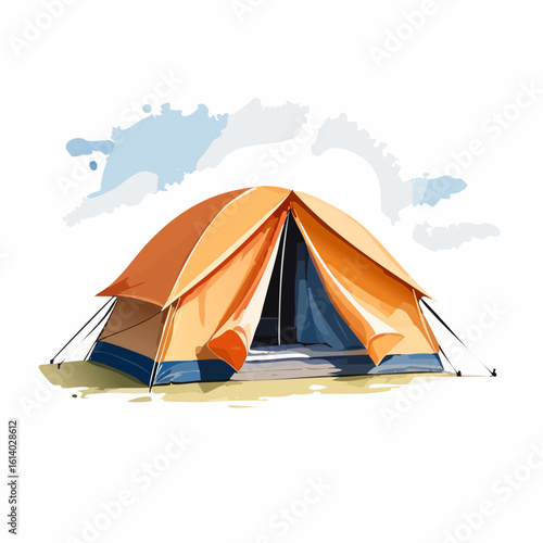 Bright orange and blue dome camping tent with an open entrance and visible poles.
