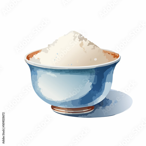 A blue ceramic bowl with a brown rim, filled with a heaping mound of white flour in a watercolor style.