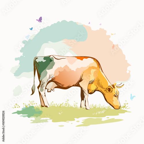 Artistic watercolor illustration of a colorful dairy cow with orange and green patches grazing.