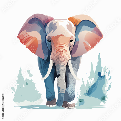 Colorful watercolor style illustration of a majestic elephant walking forward with large tusks.