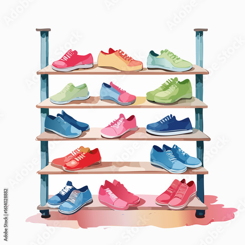 A colorful collection of various sneakers and athletic shoes displayed on a multi-level retail rack.