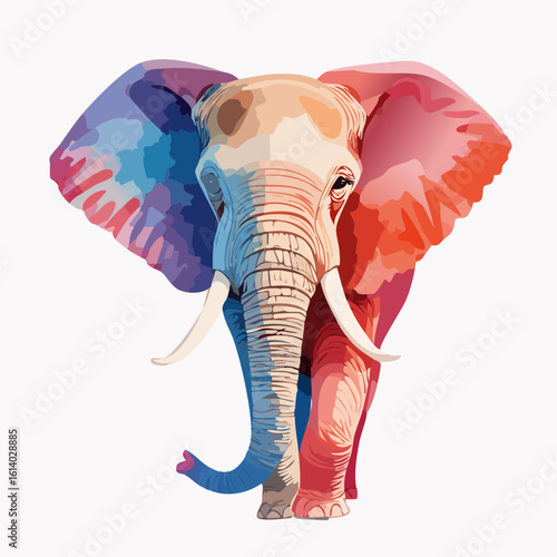 Vibrant elephant illustration with a split red and blue color scheme, prominent tusks, and a direct frontal view.