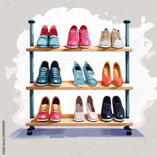 A colorful assortment of footwear neatly arranged on a three-tier wooden and metal shoe rack with wheels.