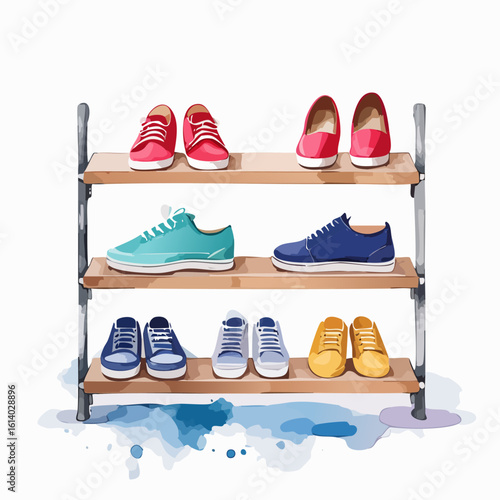 A watercolor illustration of a wooden shoe rack with a colorful collection of casual sneakers and footwear.