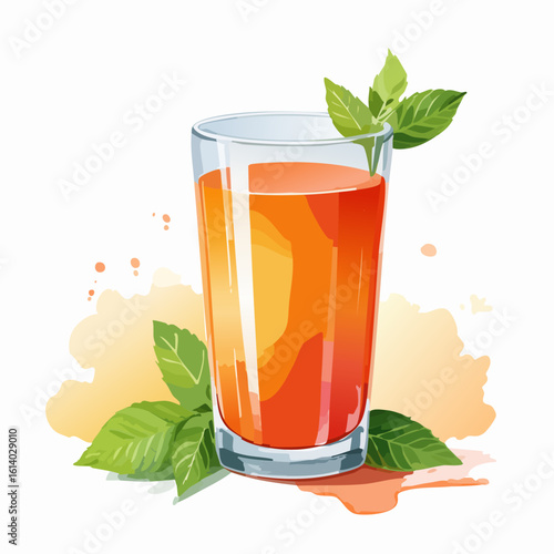 A tall glass of vibrant orange juice, garnished with fresh green mint leaves in a watercolor style.