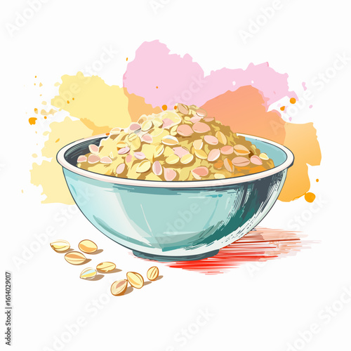 Artistic sketch of a light blue bowl brimming with oat flakes, with loose grains nearby.
